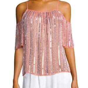 Parker NWT Border Coral Pink Cold Shoulder Beads Sequins Embellished Blouse